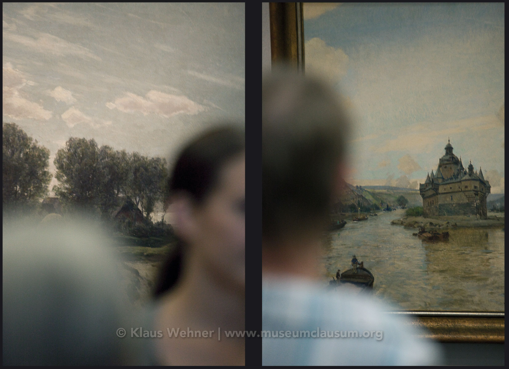 Mittelrhein Museum, Koblenz: Two photos showing crops of exhibits, visitors  and the exhibition space from different angles