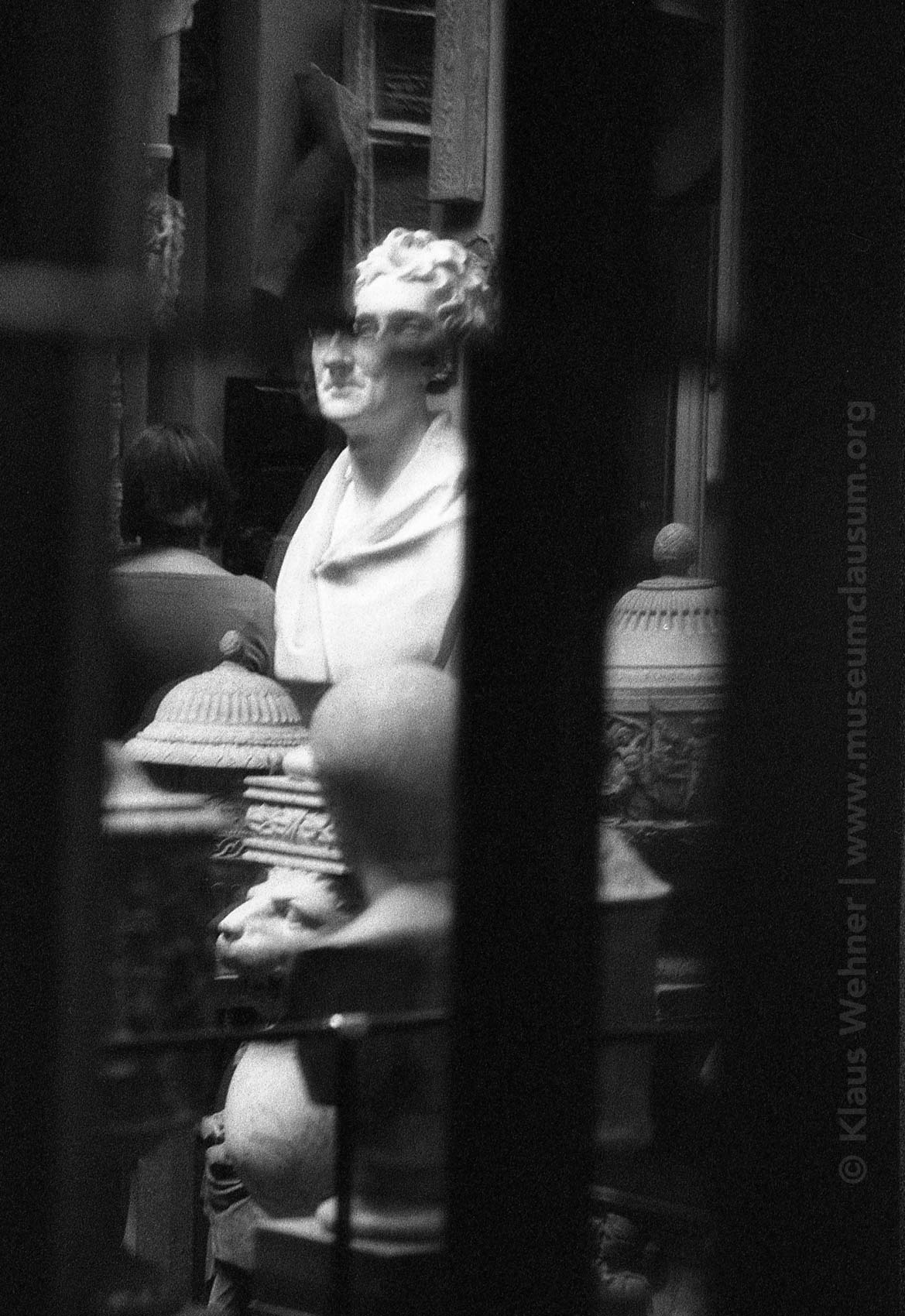 Sir John Soane's Museum: Black and white crop of Soane's bust fractured through reflection..