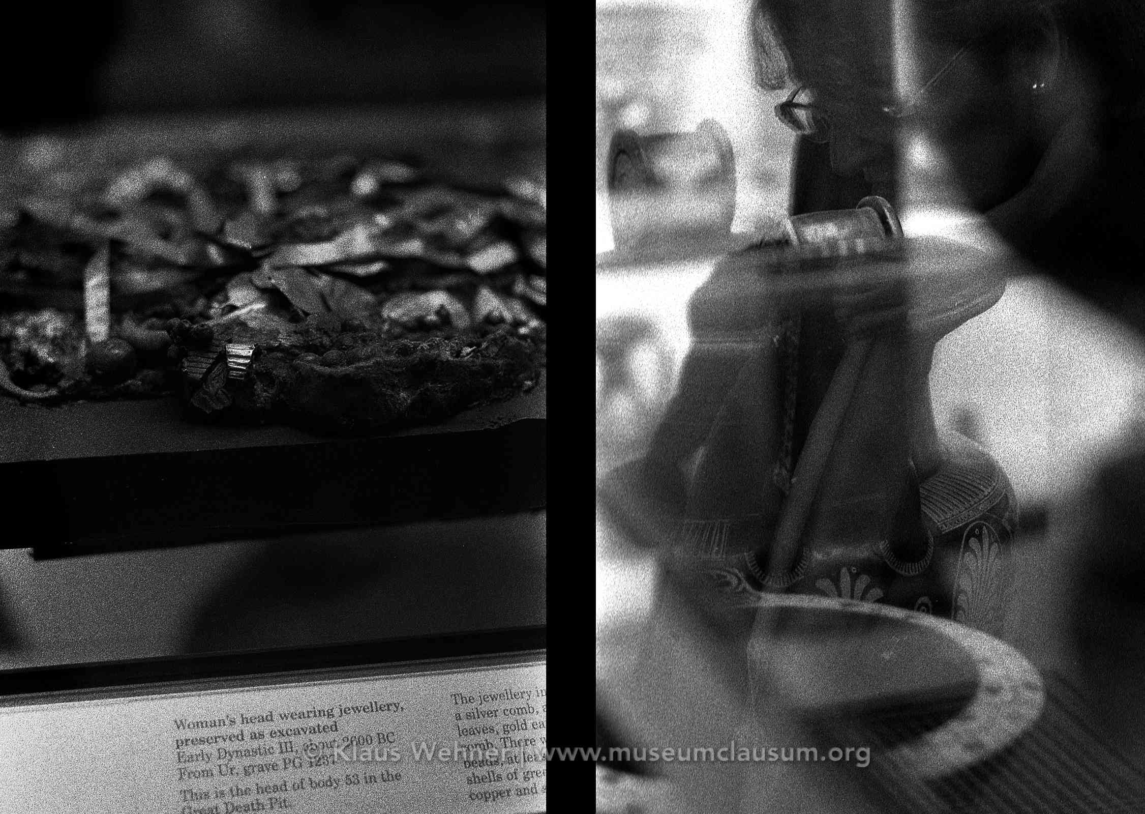 Two black and white photographs showing scenes inside the British Museum galleries